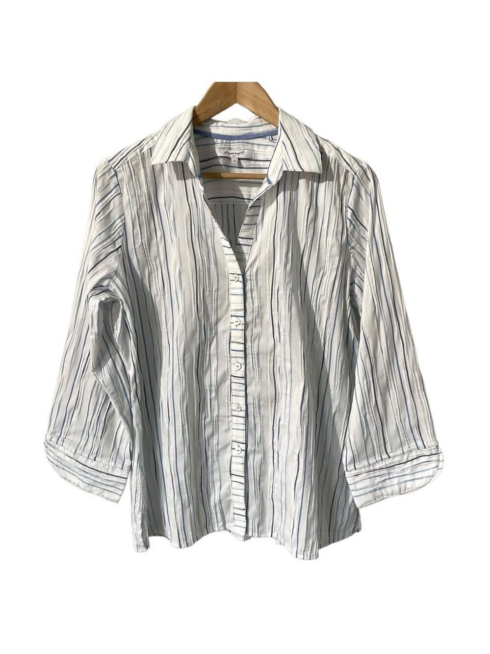 Foxcroft Coastal Button Down Shirt Womens 12 White Blue Stripe Textured GUC